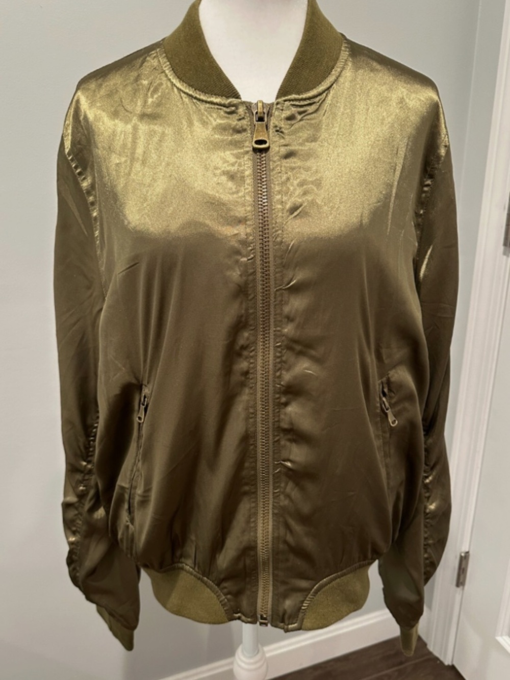 COTTON CANDY LA Olive Green Silky Bomber Jacket Womens MEDIUM Army Full Zip